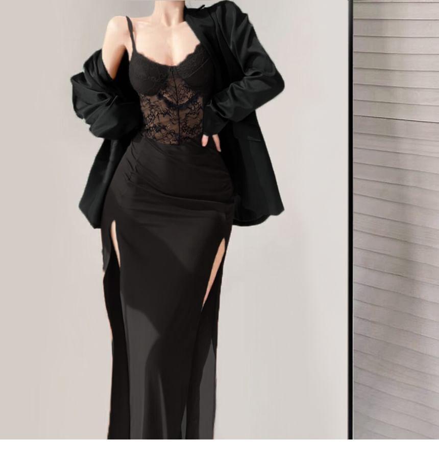 Spaghetti Strap V-Neck Lace Slit Midi Sheath Dress Product Image