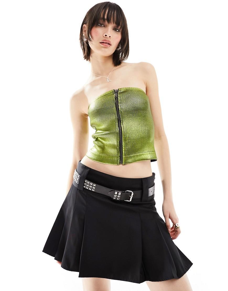 Basic Pleasure Mode metallic foil zip up bandeau top in acid green Product Image