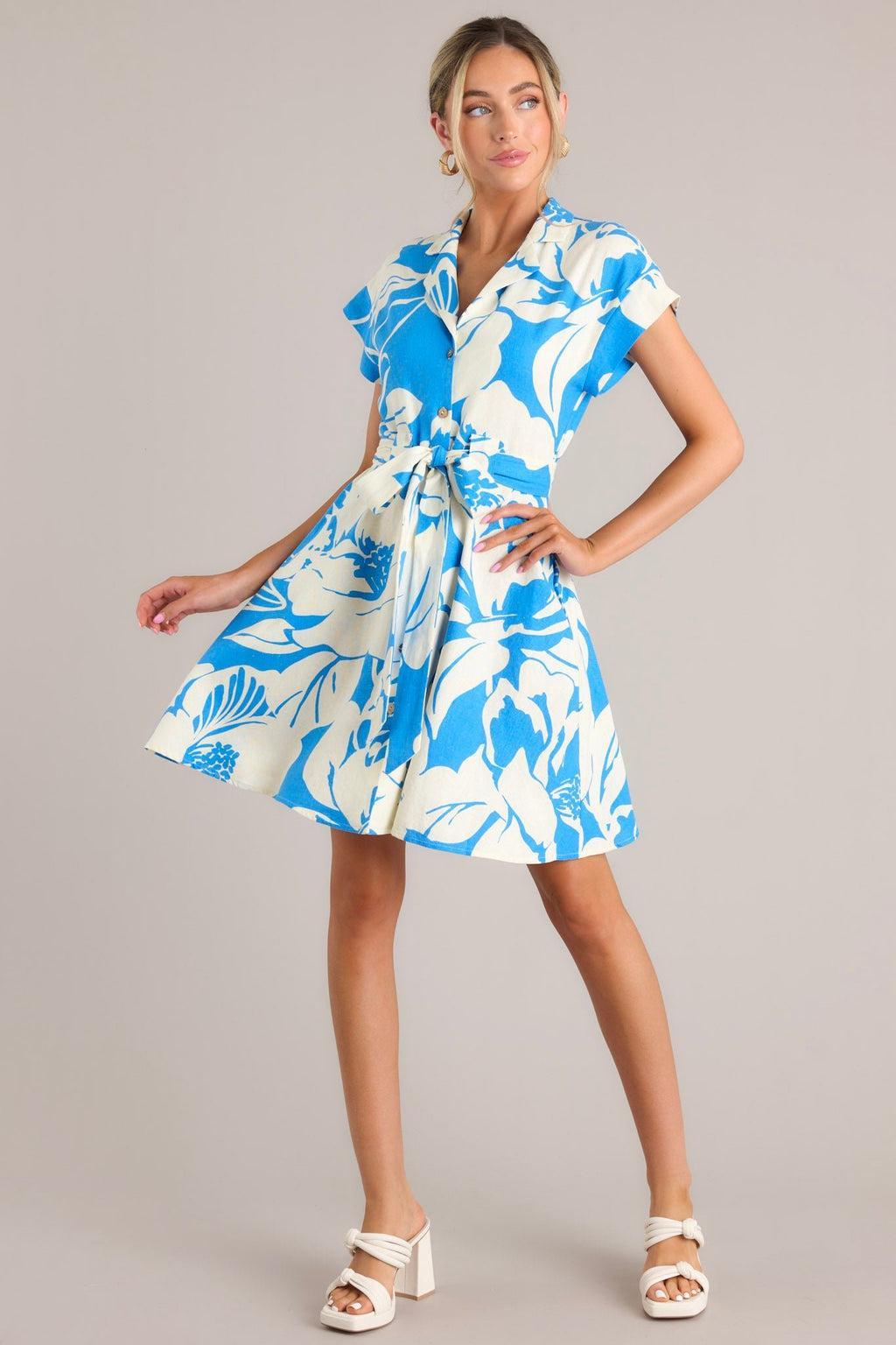 Big Feelings Blue Floral Button Front Mini Dress Product Image