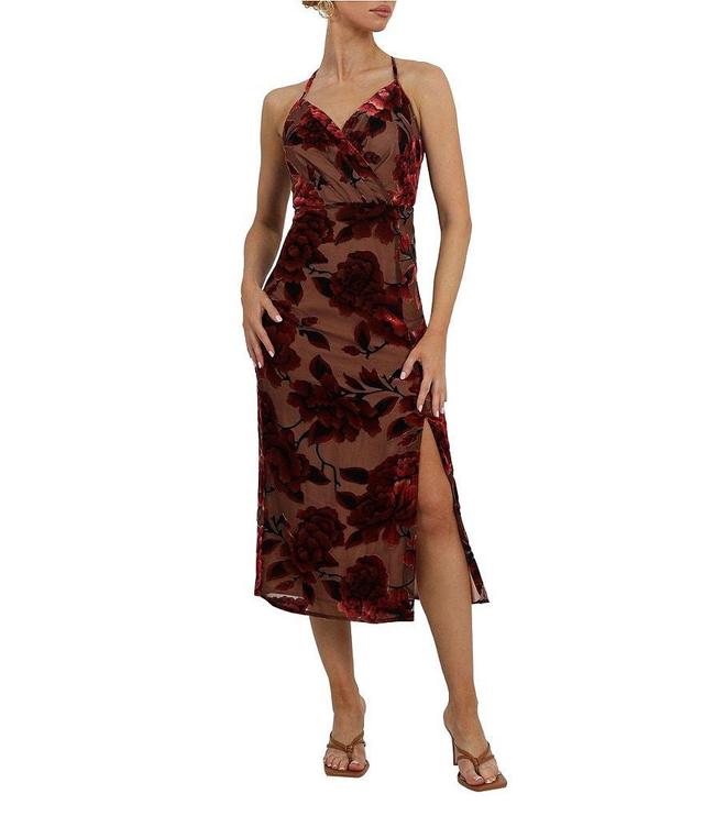 Adelyn Rae Floral Burnout Velvet Surplice V-Neck Sleeveless Midi Dress Product Image