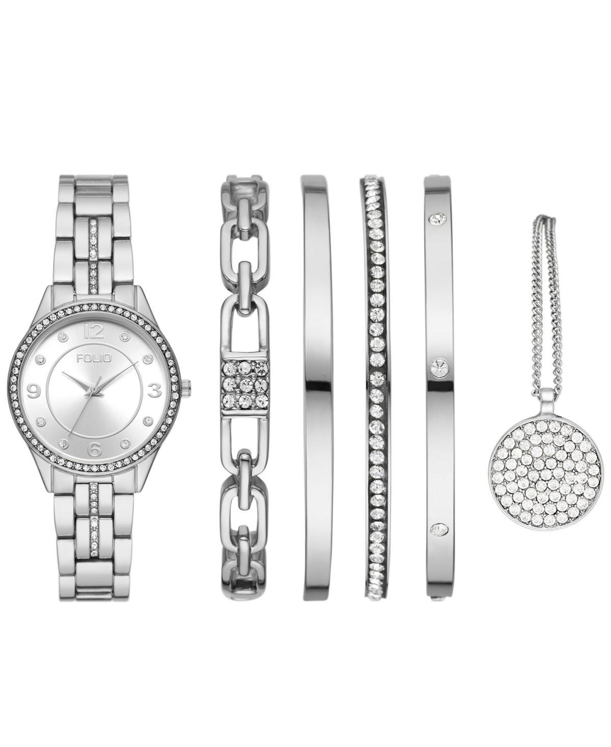 Folio Womens Quartz Three Hand Silver-Tone Alloy Watch 33mm, Gift Set - Silver Product Image