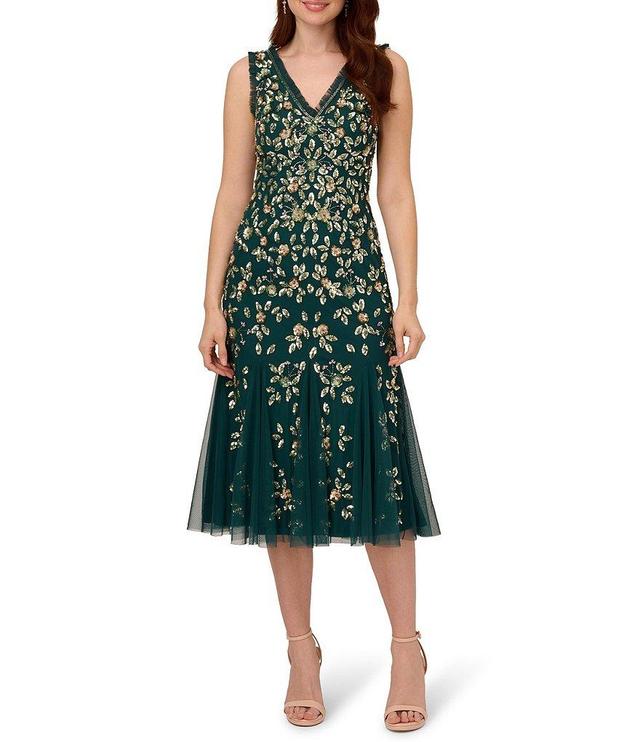 Adrianna Papell V-Neck Beaded Mesh Godet A-Line Midi Dress Product Image