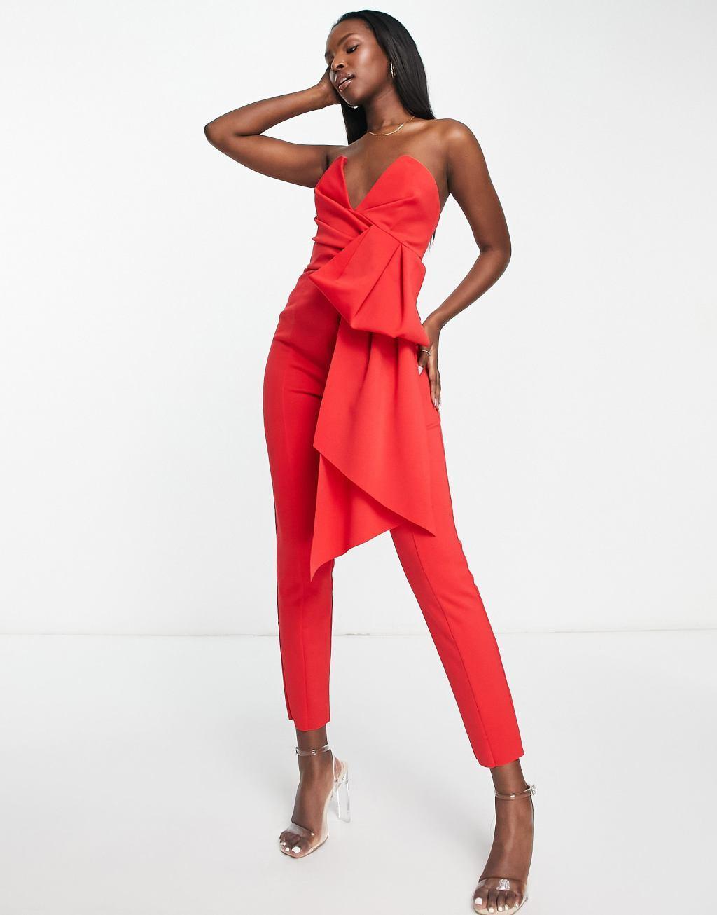 ASOS DESIGN scuba plunge bandeau jumpsuit with bow detail in red Product Image