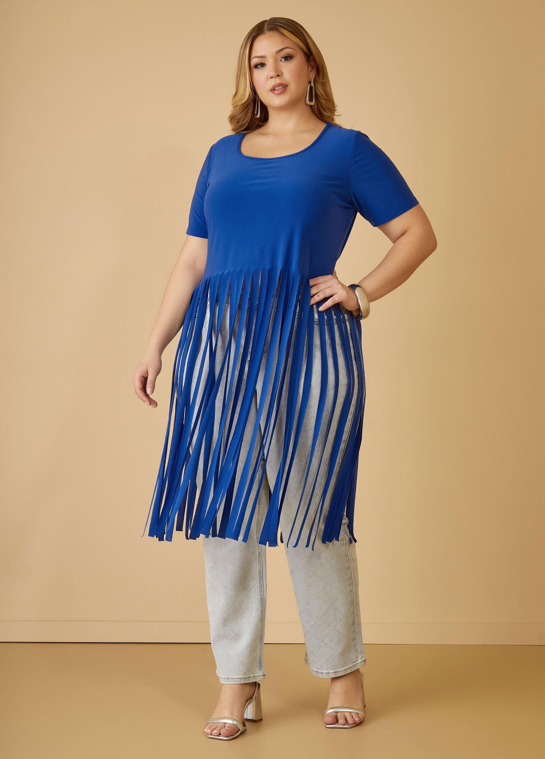 Plus Size Fringed Stretch Knit Duster Ashley Stewart Product Image