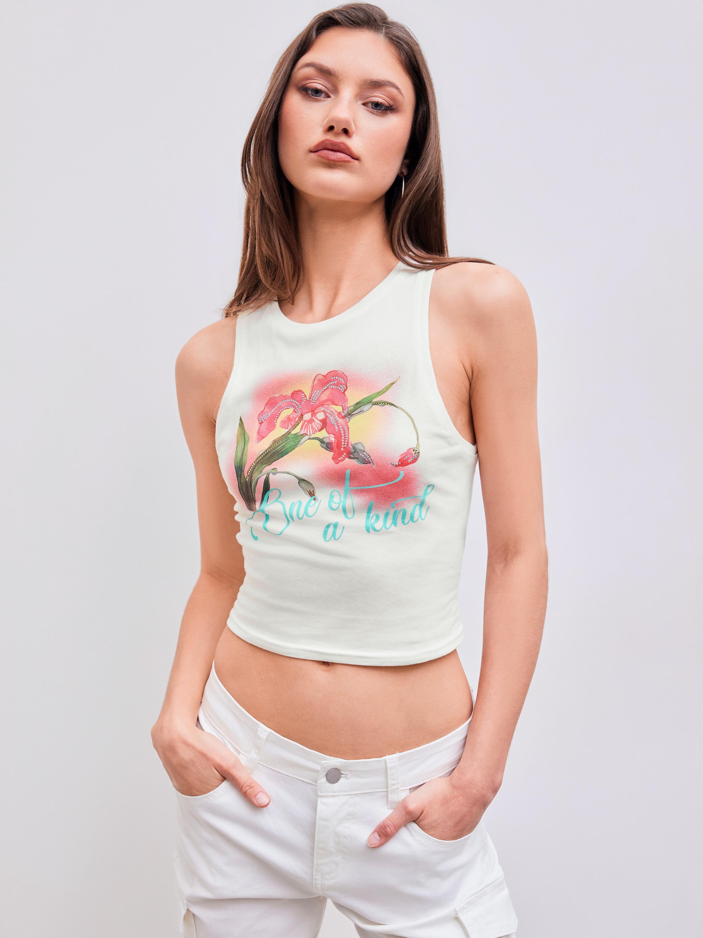 Round Neck Rhinestone Floral Graphic Tank Top Product Image