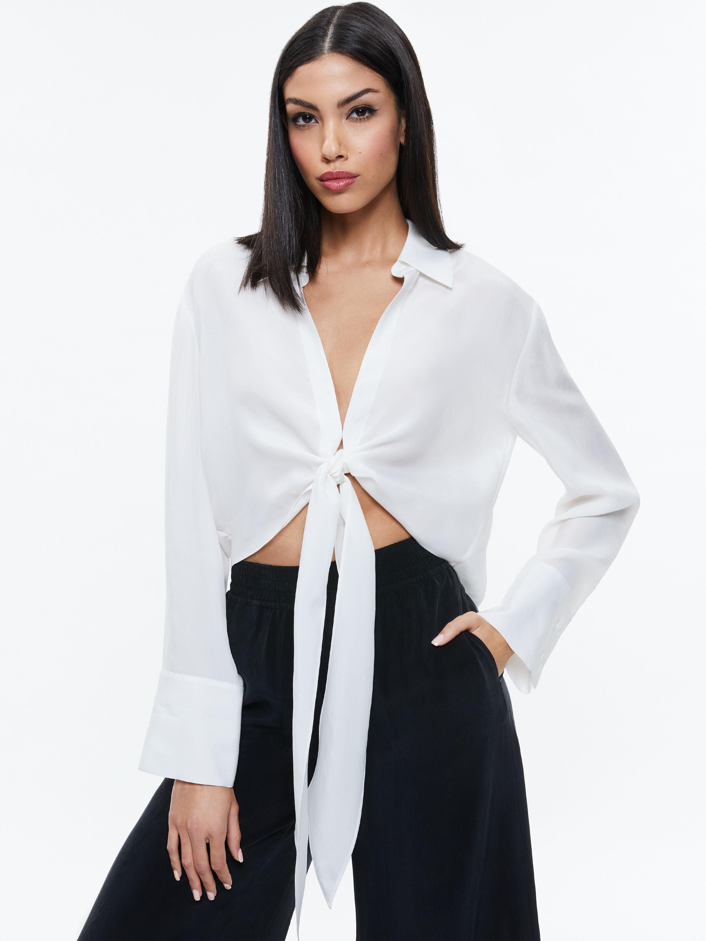 ALICE AND OLIVIA Hannon Tie Front Button Down In Off White Product Image