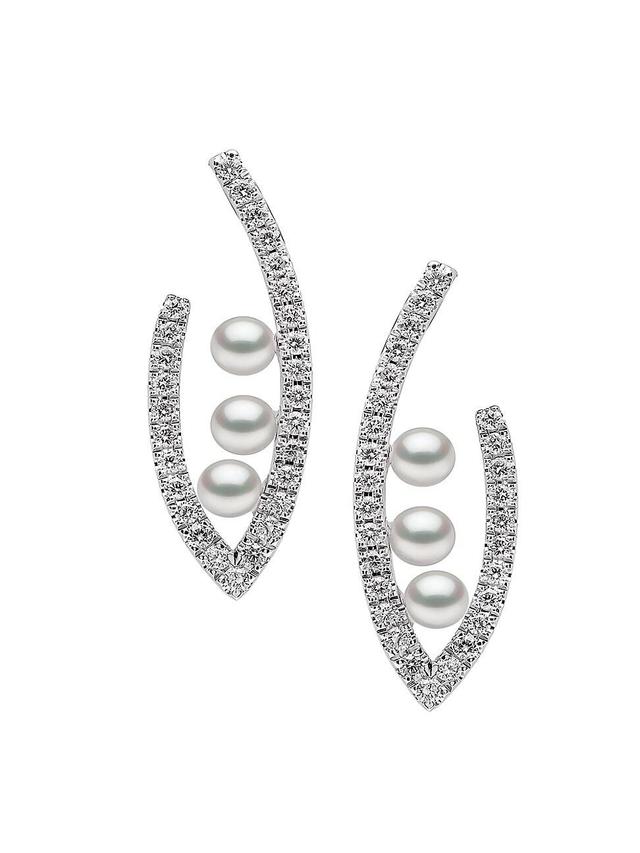 Womens Sleek 18K White Gold, 3-3.5MM Akoya Pearl & Diamond Drop Earrings Product Image