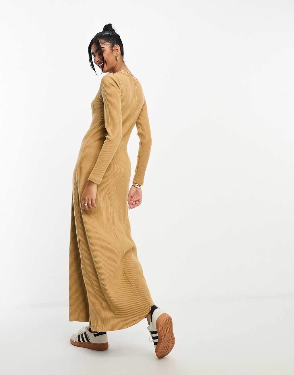 ASOS DESIGN super soft ribbed crew neck midi dress with long sleeve in camel Product Image