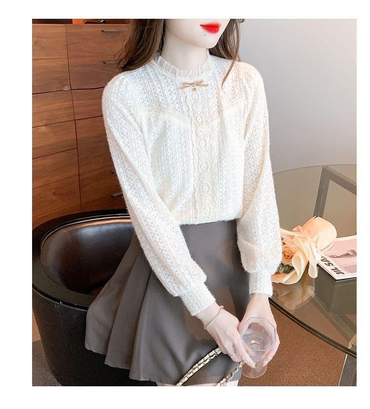 Long-Sleeve Bow Frill Trim Lace Blouse Product Image