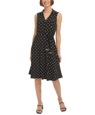 Tommy Hilfiger Womens Polka Dot Jersey Collared Dress - Black Product Image