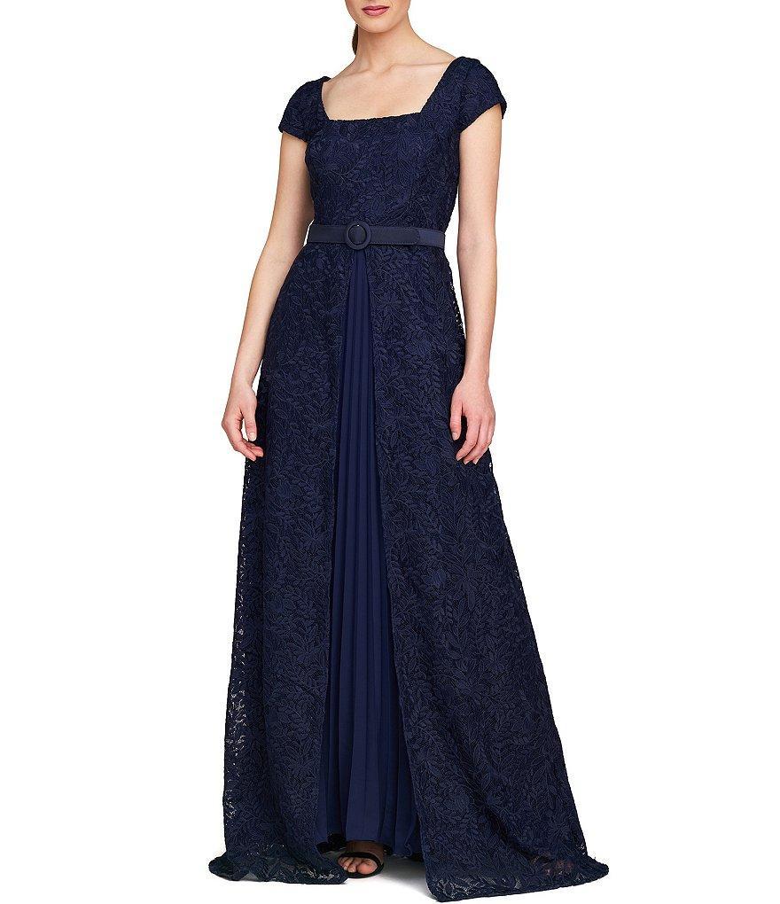 Kay Unger Lace Square Neck Short Sleeve Pleated Chiffon Underskirt Belted Gown Product Image