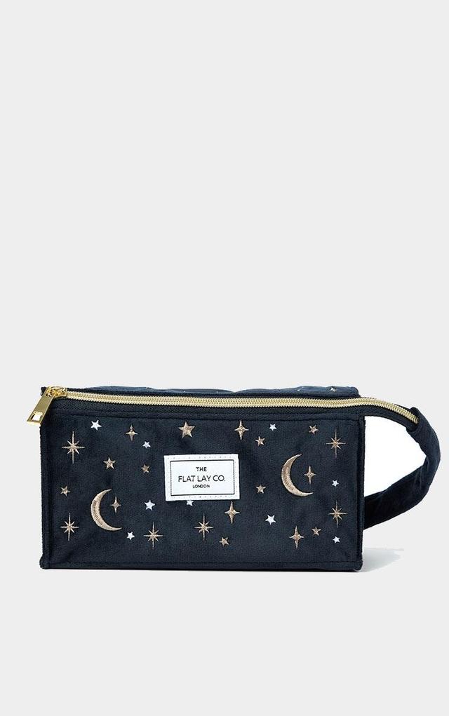 The Flat Lay Co. Open Flat Box Makeup Bag in Embroidered Celestial Blue Velvet Product Image