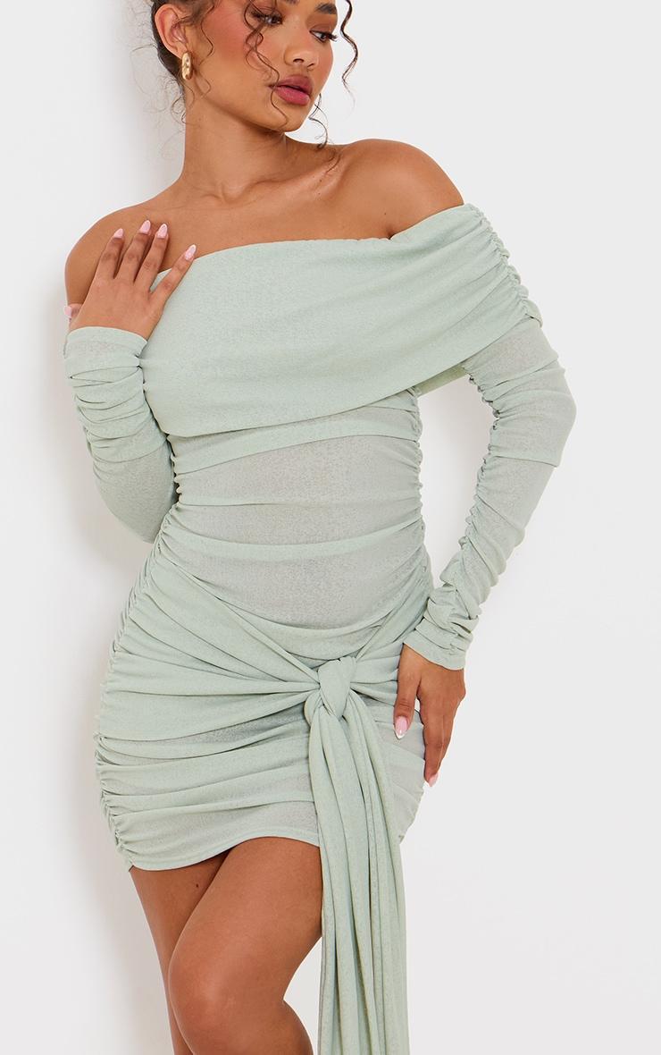 Petite Sage Green Bardot Slinky Extreme Ruched Mini Dress Product Image