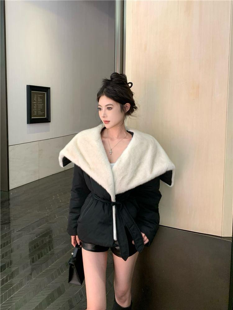 Buttonless Fleece-Lined Lapel Jacket with Sash Product Image