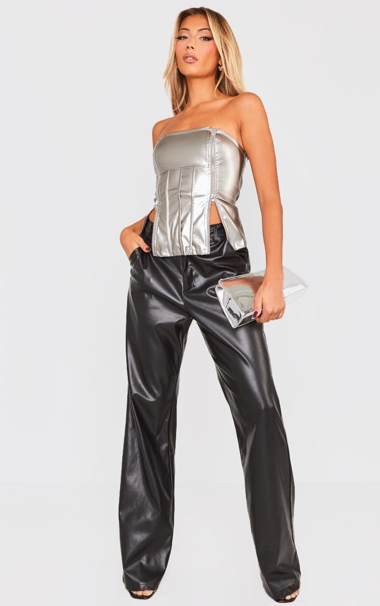 Silver Metallic Faux Leather Bandeau Zip Detail Corset Top Product Image