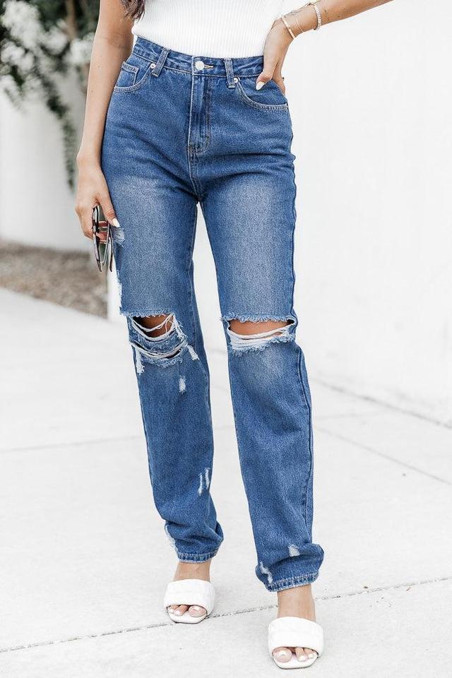 Keeley Dark Wash Distressed Straight Leg Jeans FINAL SALE Product Image