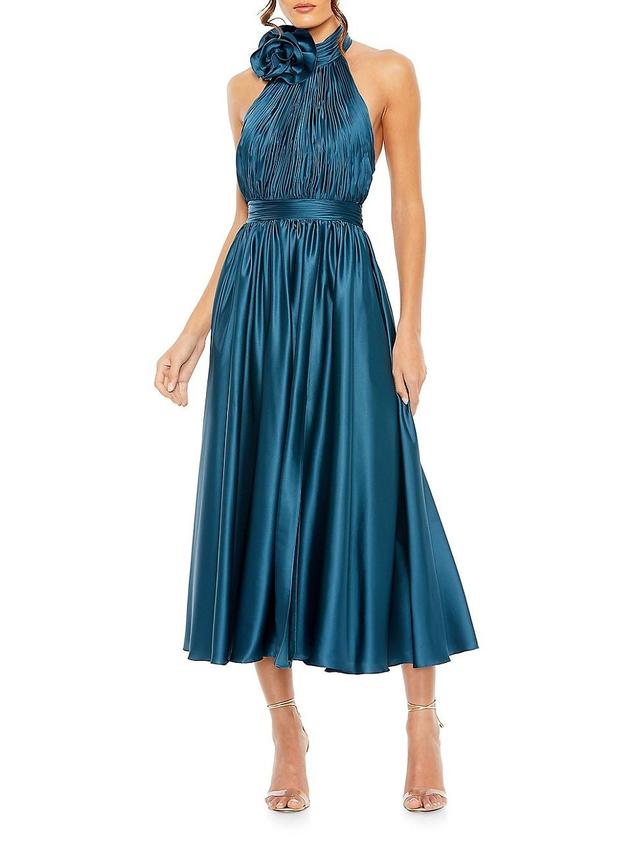 Womens Satin Halter Rosette Midi-Dress Product Image