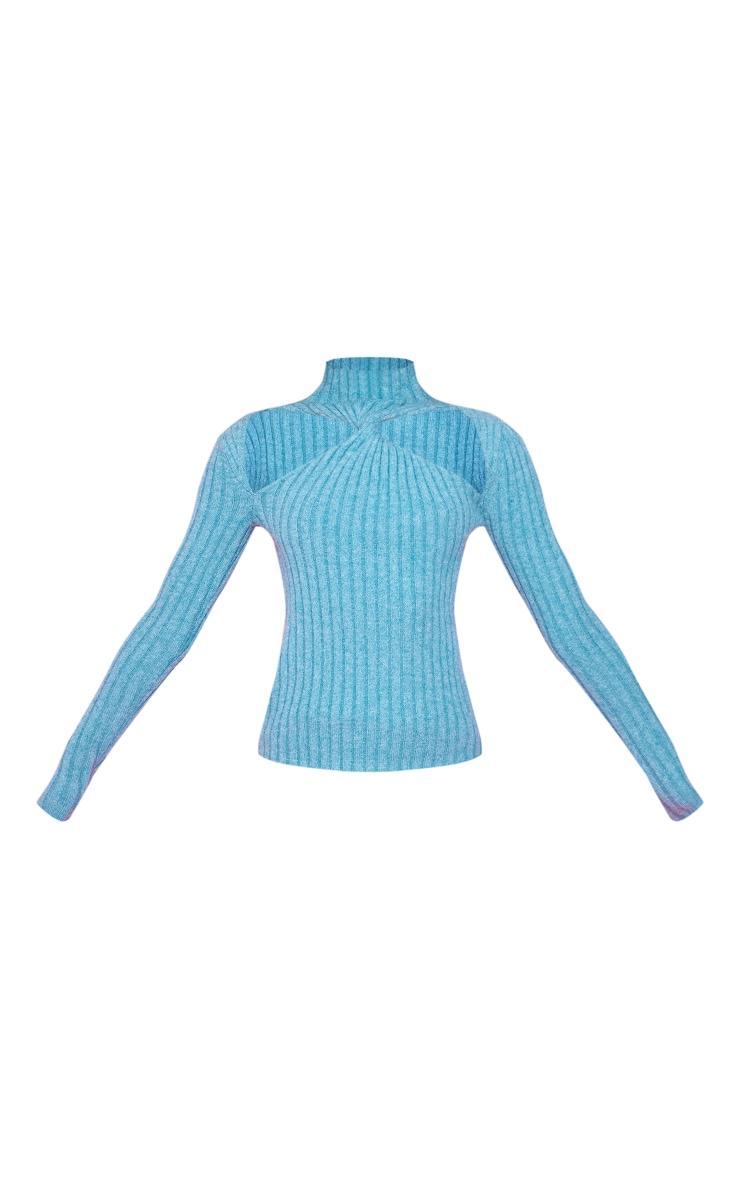 Deep Teal Soft Rib Knit High Neck Cut Out Top Product Image