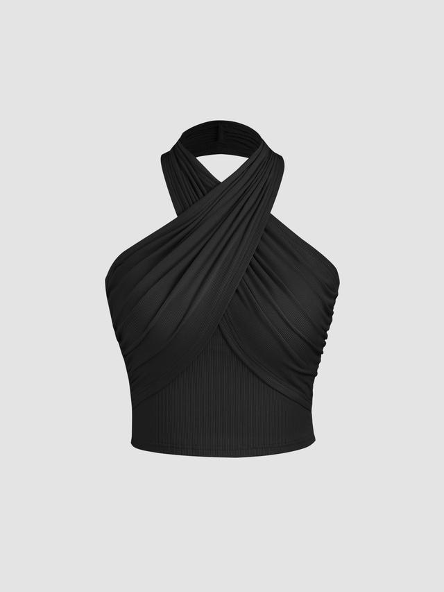 Solid Criss Cross Halter Ruched Crop Top Product Image