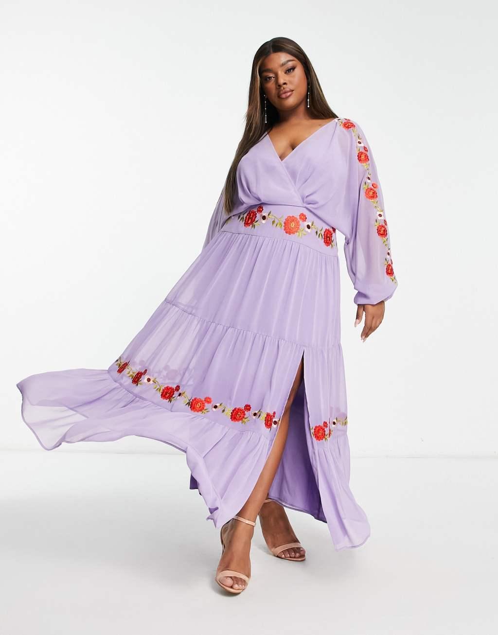 ASOS DESIGN Curve v neck batwing chiffon maxi dress with embroidery detail in lilac Product Image