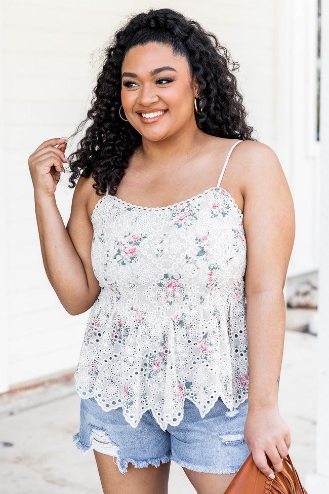 Heartbreak Proof Beige Eyelet Lace Floral Tank Product Image