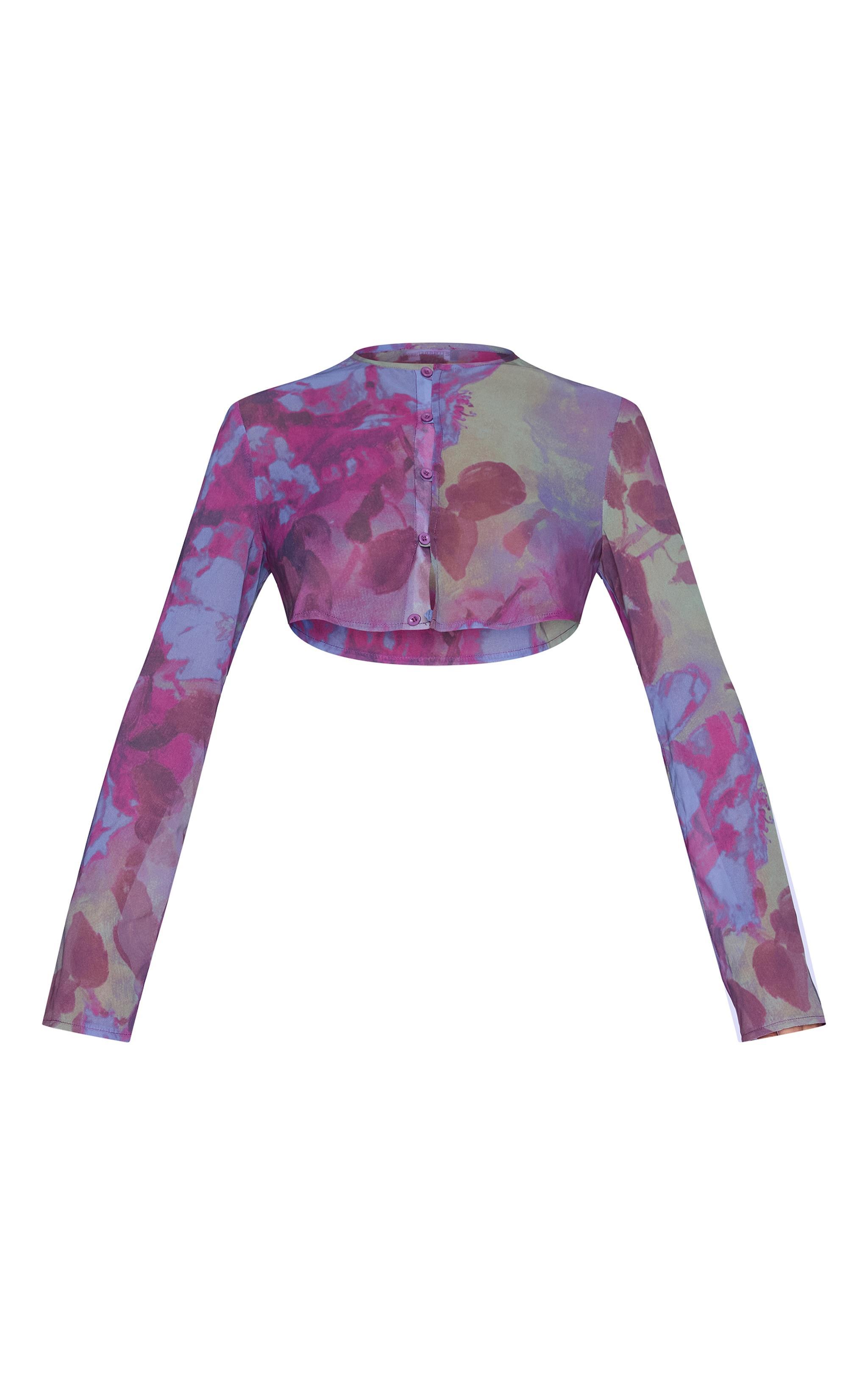 Multi Floral Print Chiffon Cropped Blouse Product Image