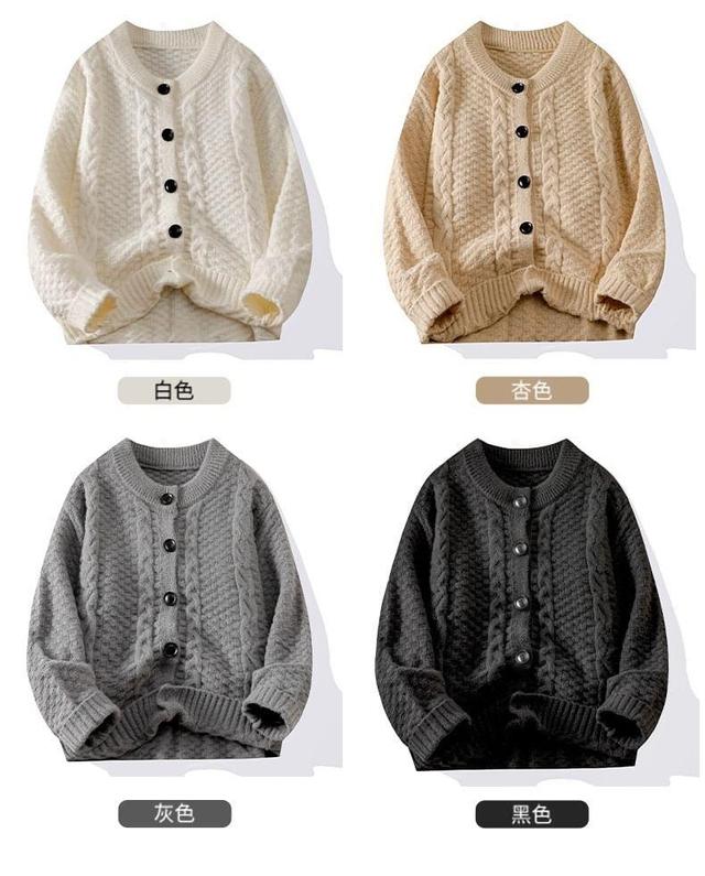 Crew Neck Plain Cable Knit Button-Up Cardigan Product Image