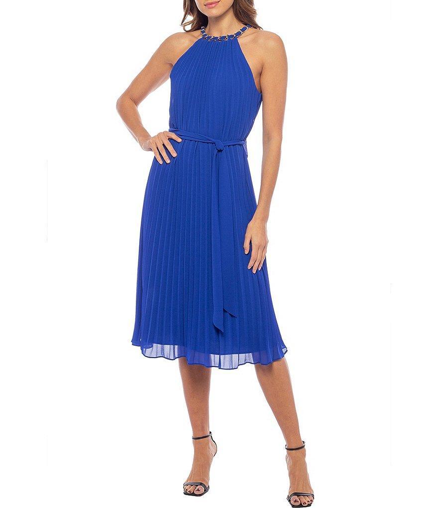 Marina Sleeveless Halter Neck Tie Waist Pleated Chiffon A-Line Midi Dress Product Image