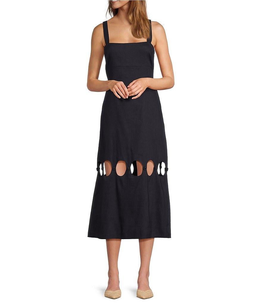 Antonio Melani Amalia Linen Blend Square Neck Sleeveless Circle Cut Out Sheath Midi Dress Product Image