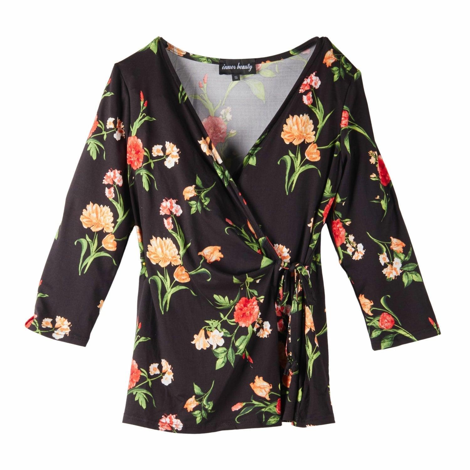 Inner Beauty 3/4 Sleeve Surplice Front V-Neck Black Floral Top Product Image