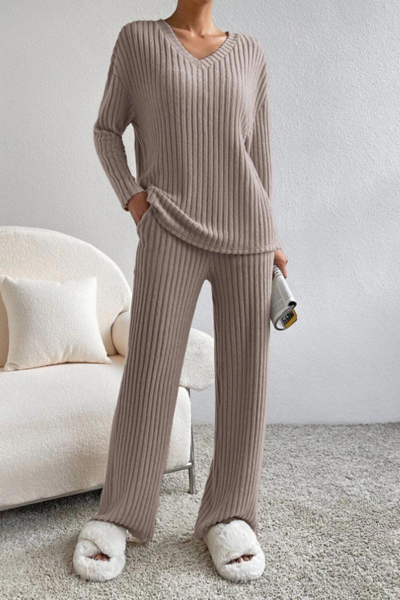 Ribbed V-Neck Top and Pants Set Product Image