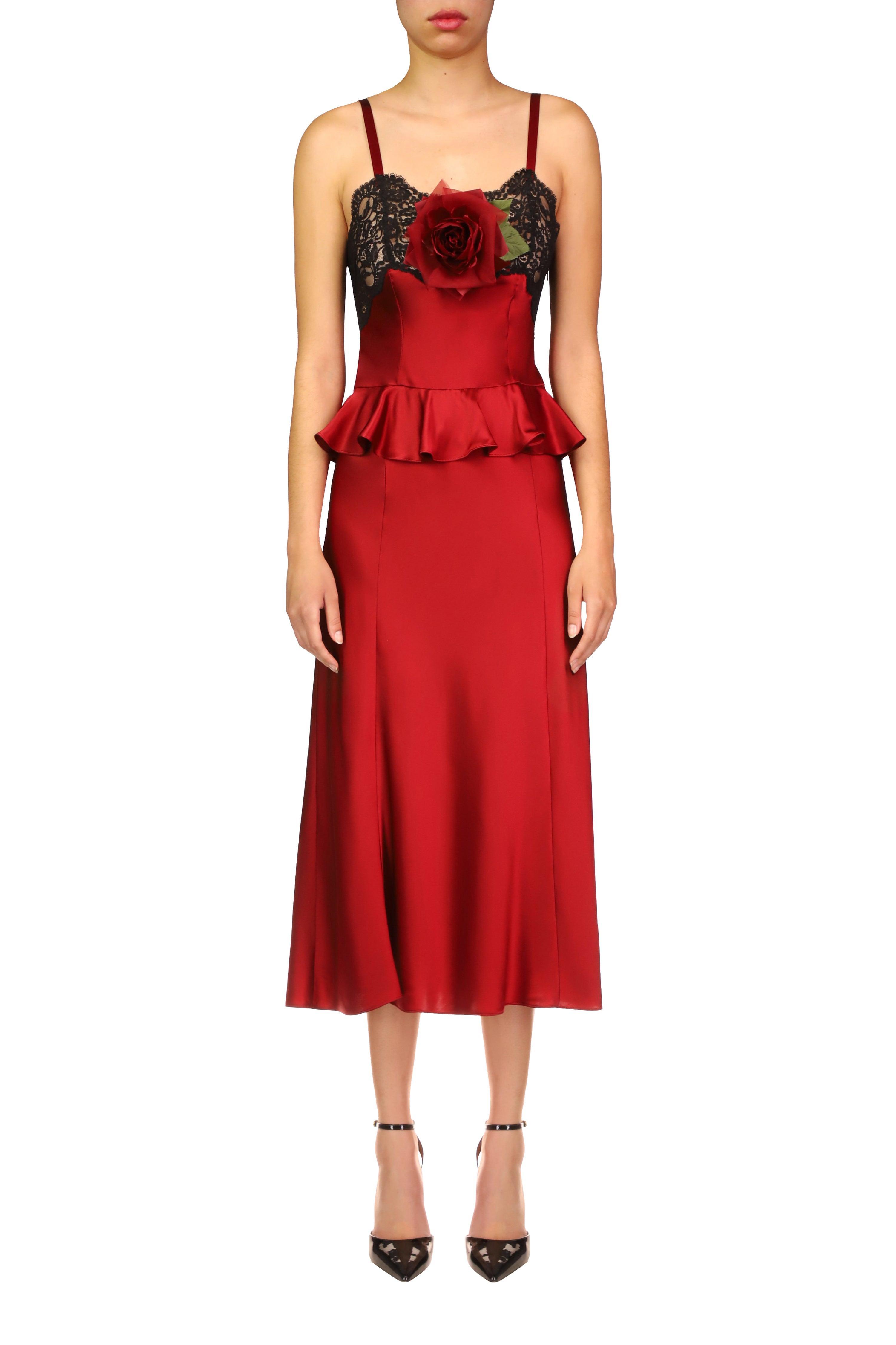 Red Silk Satin Slip Dress With Peplum And Black Lace Details Product Image