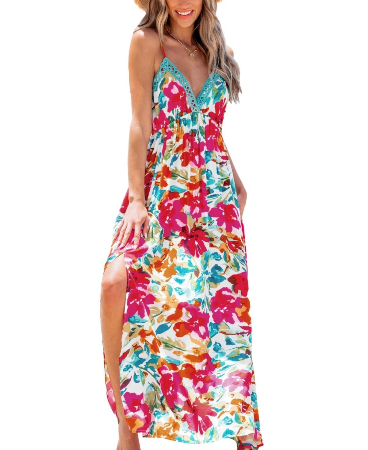 Cupshe Womens Floral Watercolor Plunging Sleeveless Maxi Beach Dress Product Image