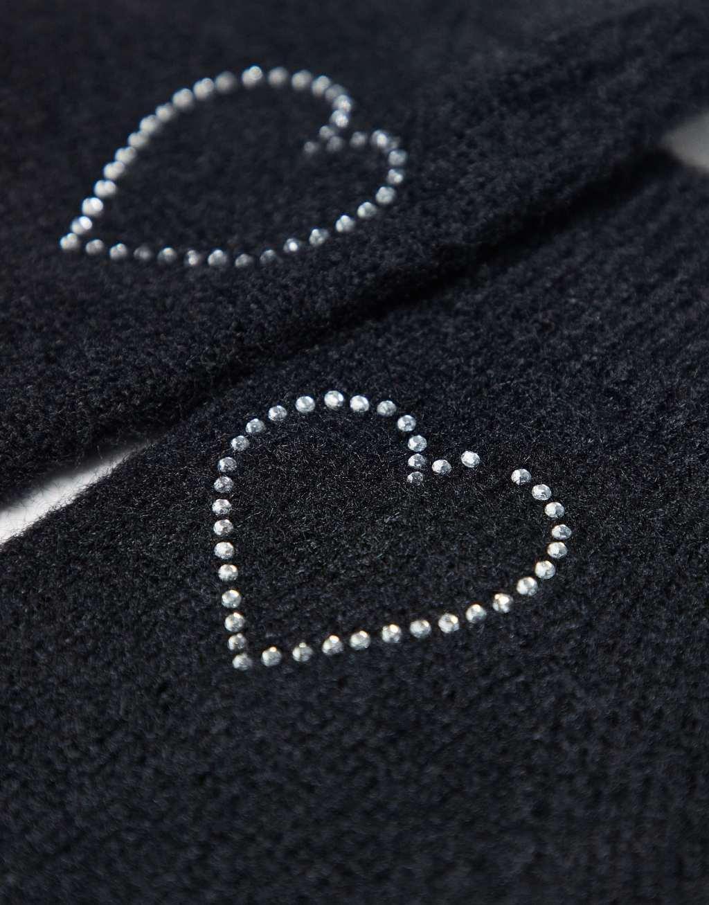 Monki gloves with rhinestone heart in black Product Image