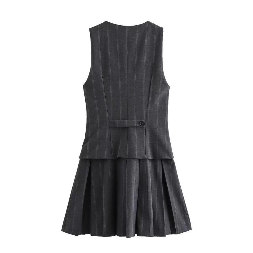 Sleeveless V-Neck Striped Pleated Mock Two Piece Button Mini A-Line Dress Product Image