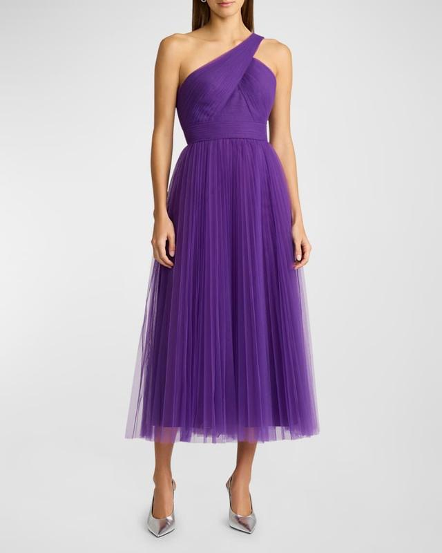 One-Shoulder Pleated Tulle Midi Dress Product Image