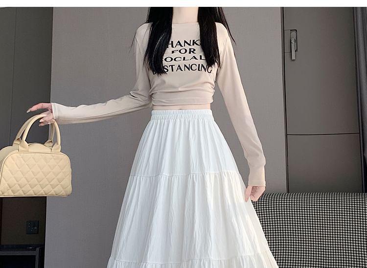 Elastic Waist Plain Tiered Ruffle Trim Midi A-Line Skirt Product Image