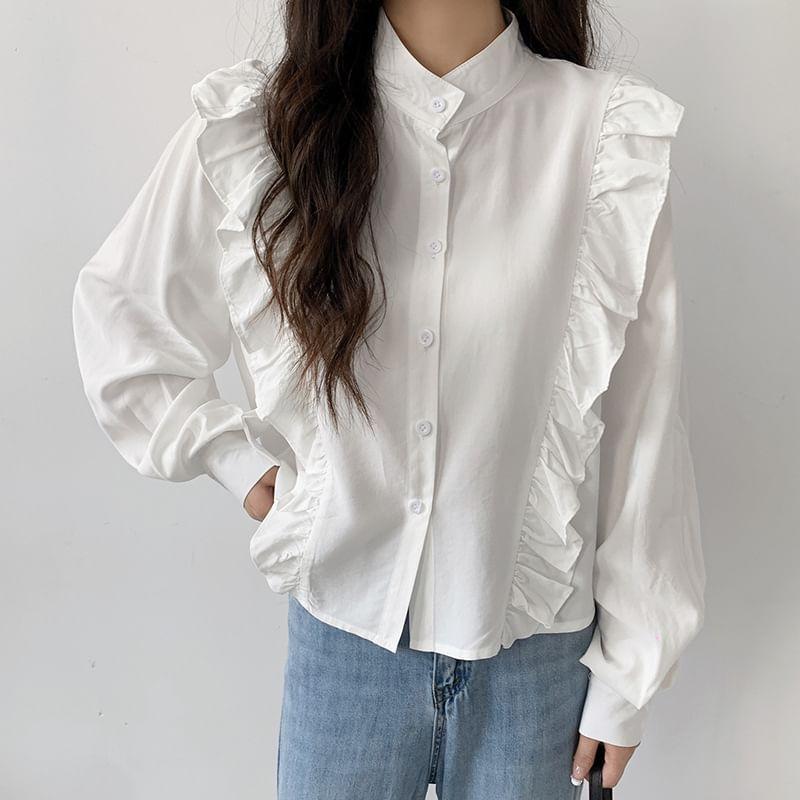 Band Collar Plain Ruffle Trim Shirt Product Image