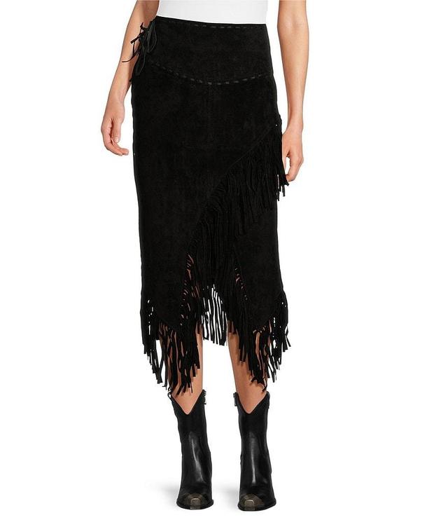 Scully Suede Leather High Rise Wrap Fringe Midi Skirt Product Image