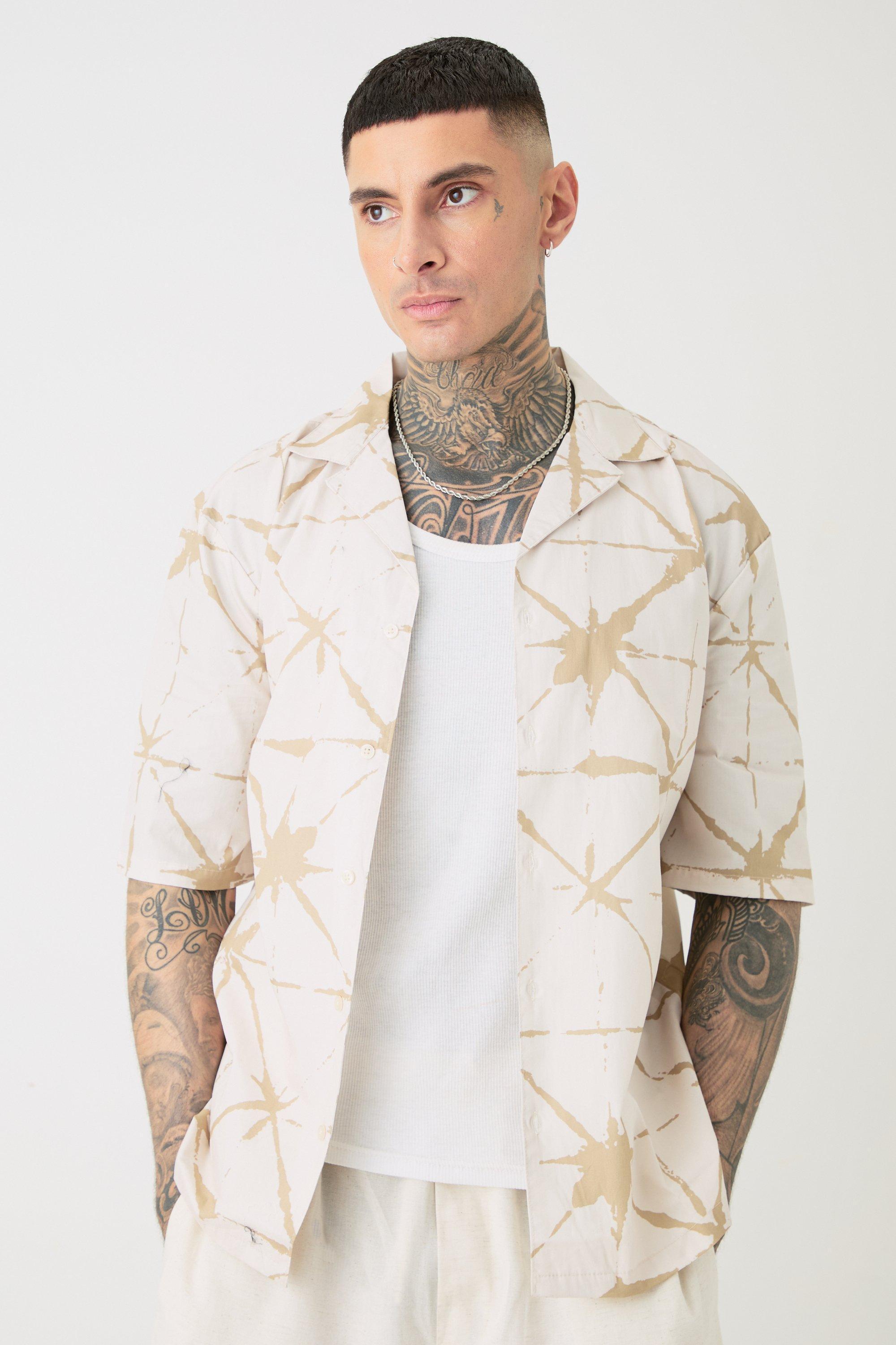 Tall Short Sleeve Drop Revere Abstract Poplin Print Shirt | boohooMAN USA Product Image