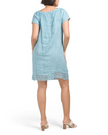 Short Sleeve Linen Mini Dress With Crochet Trim for Women Product Image