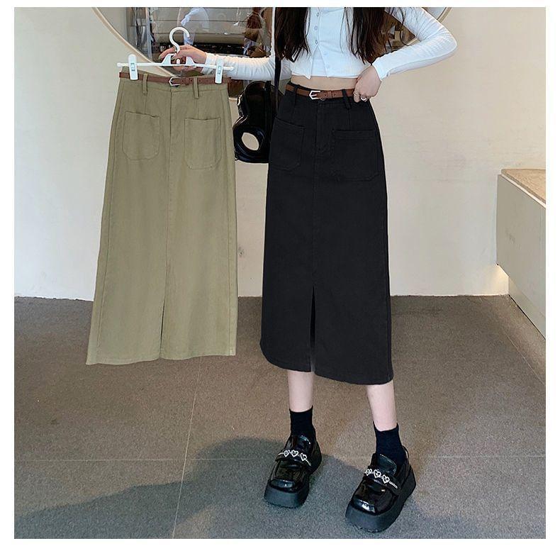 High Rise Plain Front-Slit Denim Midi Pencil Skirt Product Image