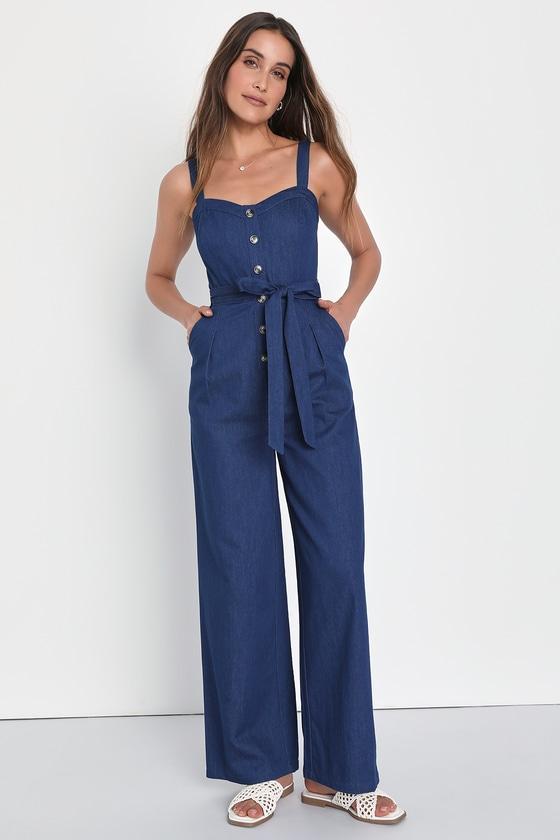 Your Best Crush Medium Wash Chambray Belted Wide-Leg Jumpsuit Product Image