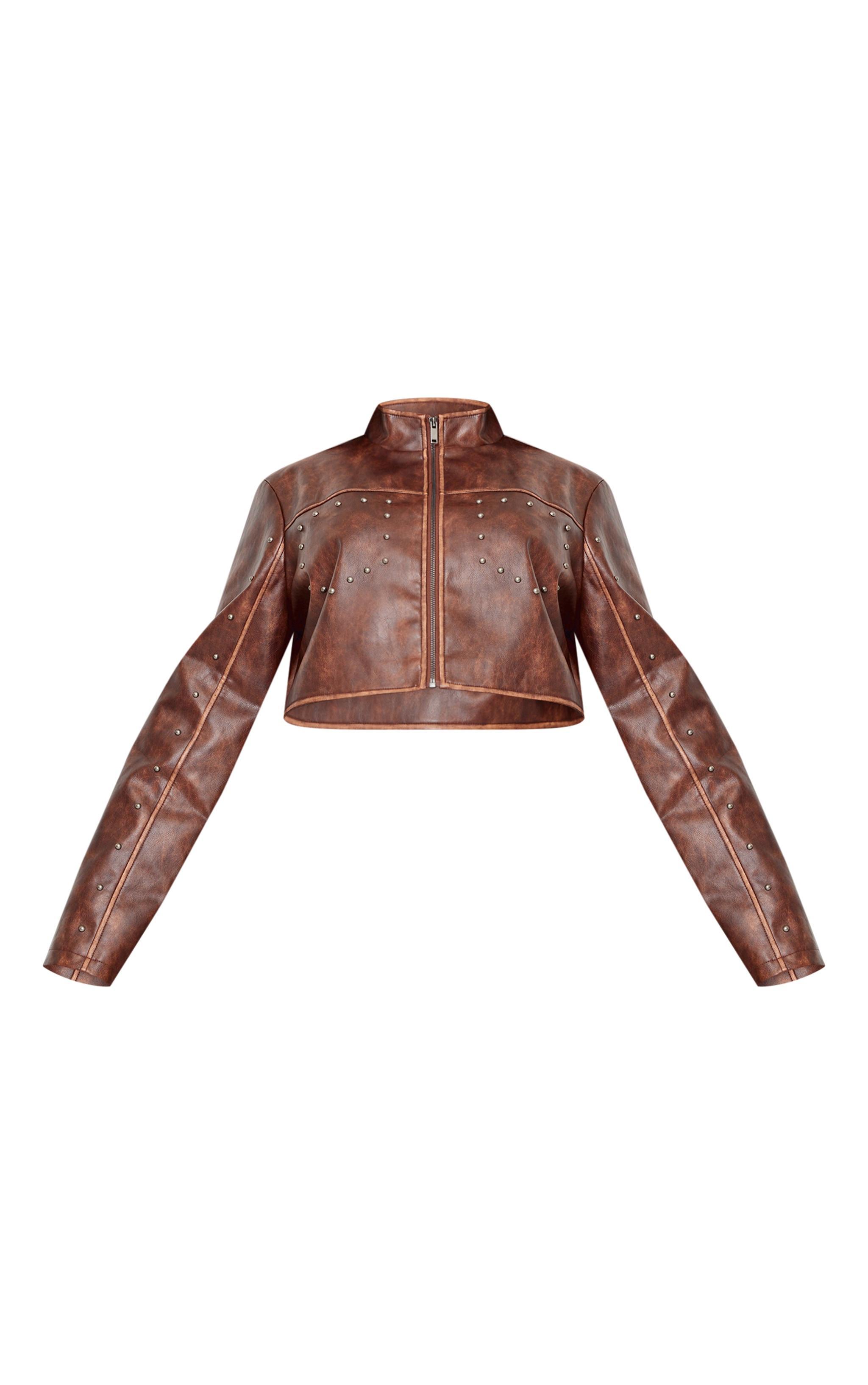 Plus Brown Faux Leather Studded Cropped Jacket Product Image