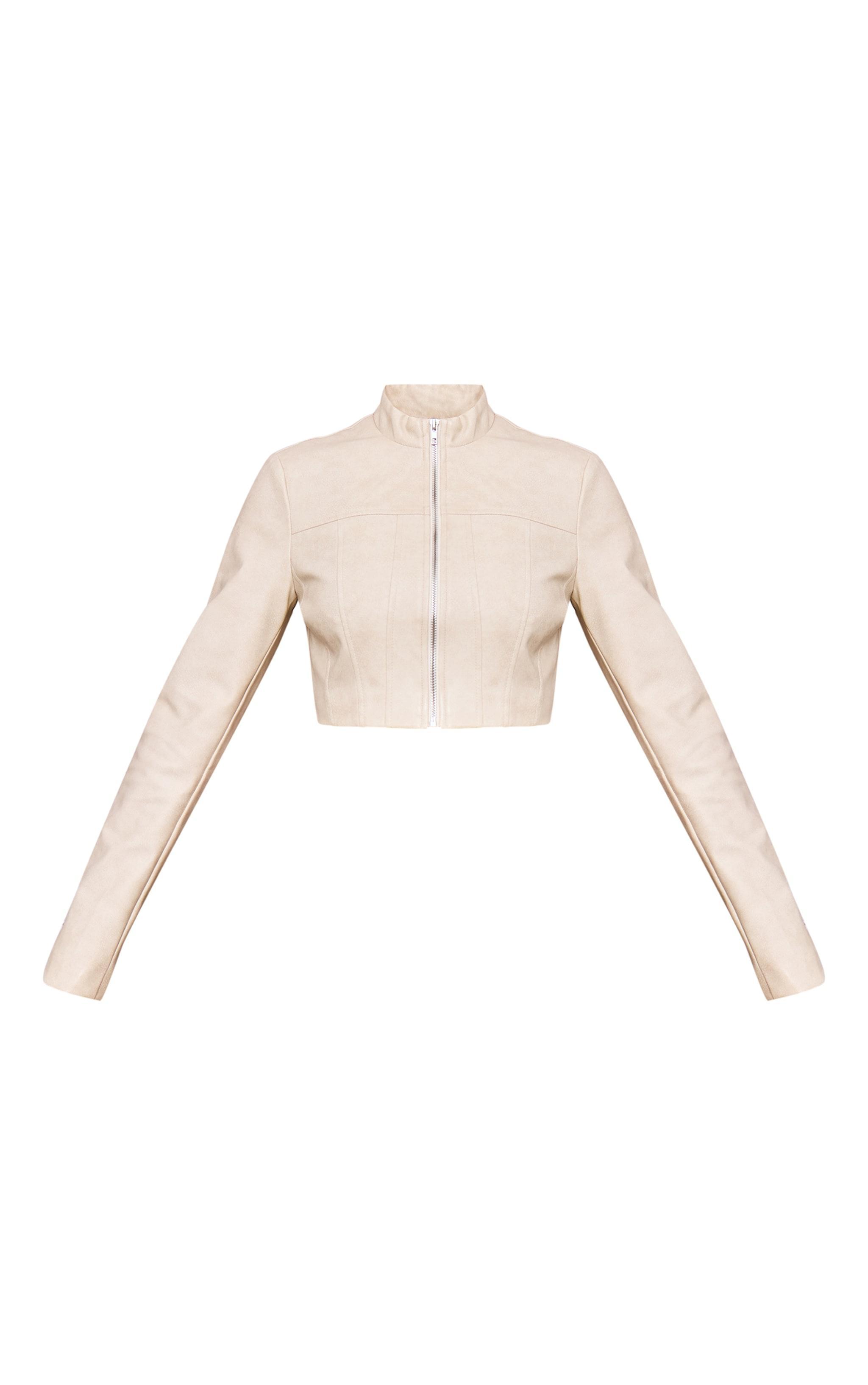 Cream Faux Leather Panel Details Biker Jacket Product Image