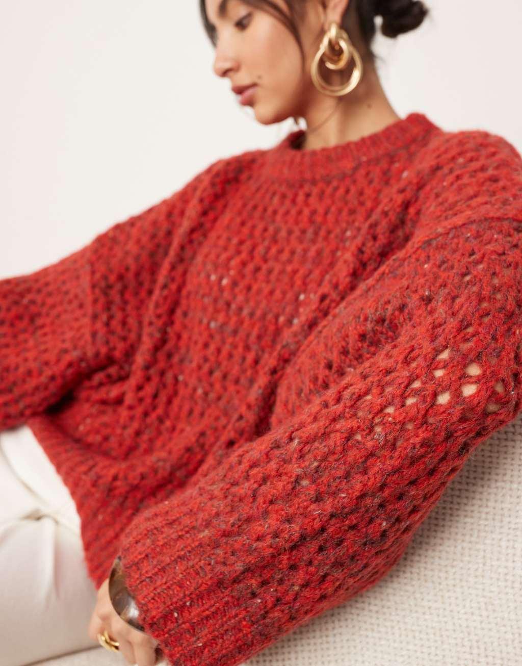 ASOS EDITION knitted open stitch oversized boxy sweater in red Product Image