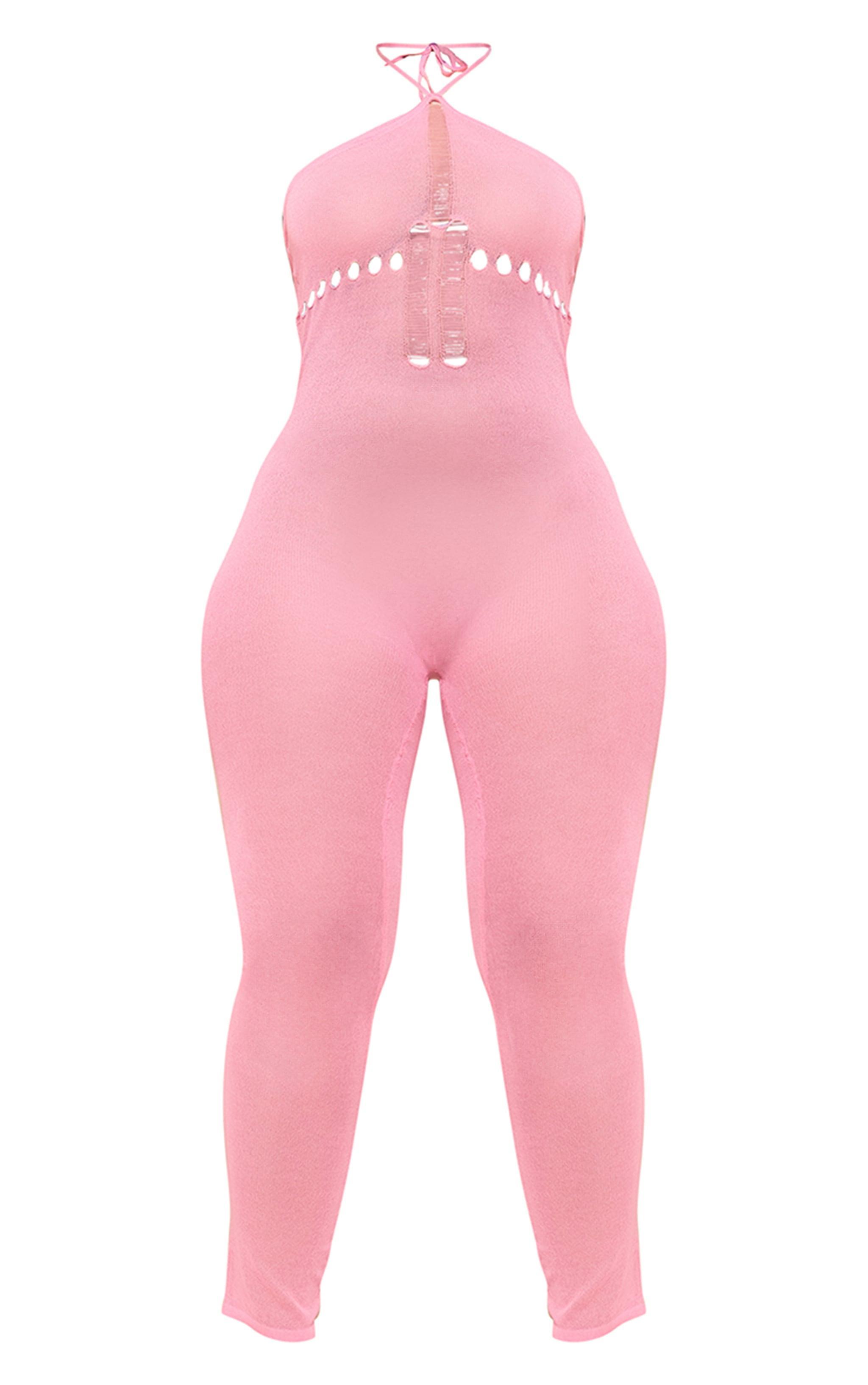 Shape Pink Knit Sheer Halterneck Jumpsuit Product Image