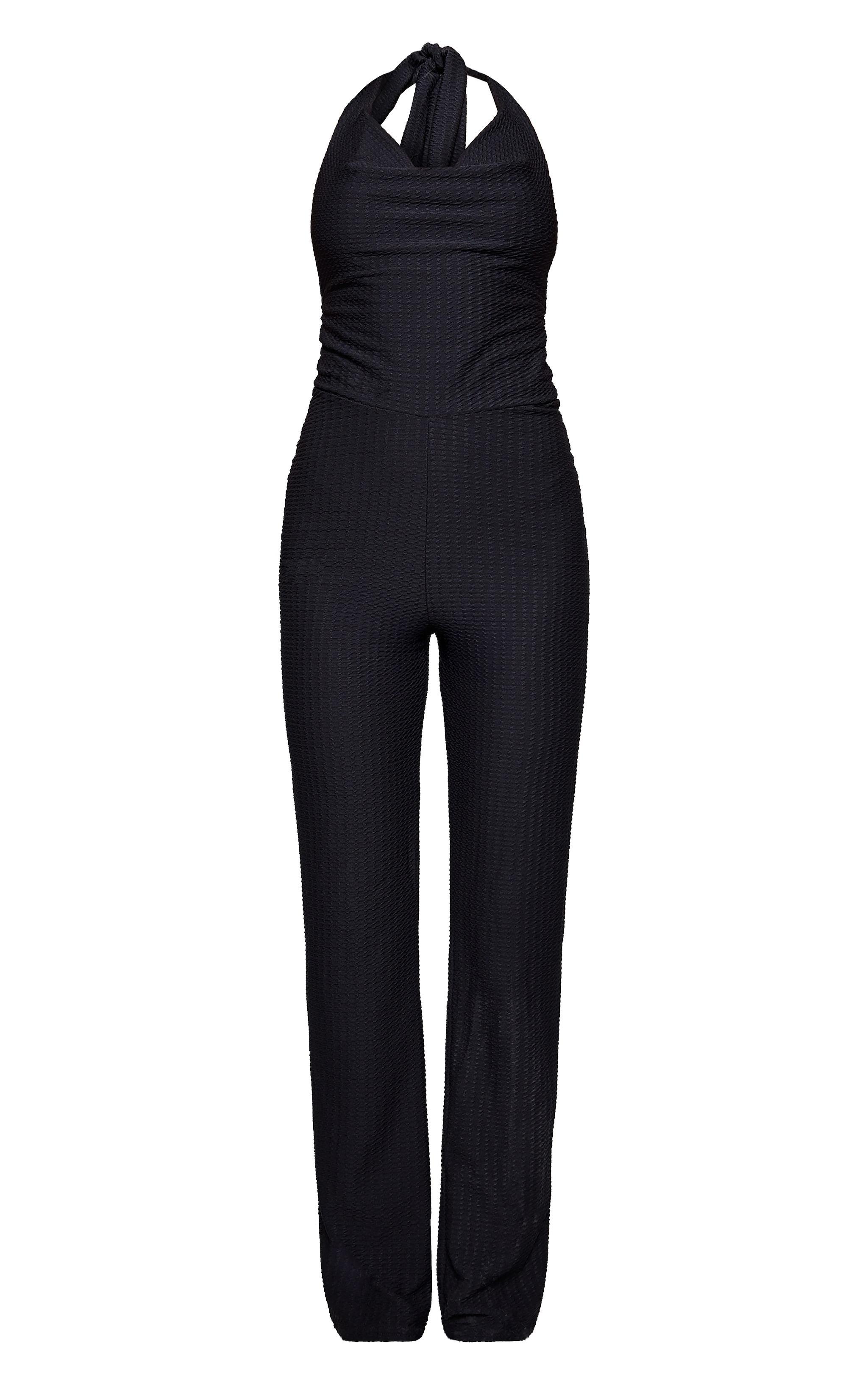 Black Textured Halterneck Wide Leg Cowl Jumpsuit Product Image