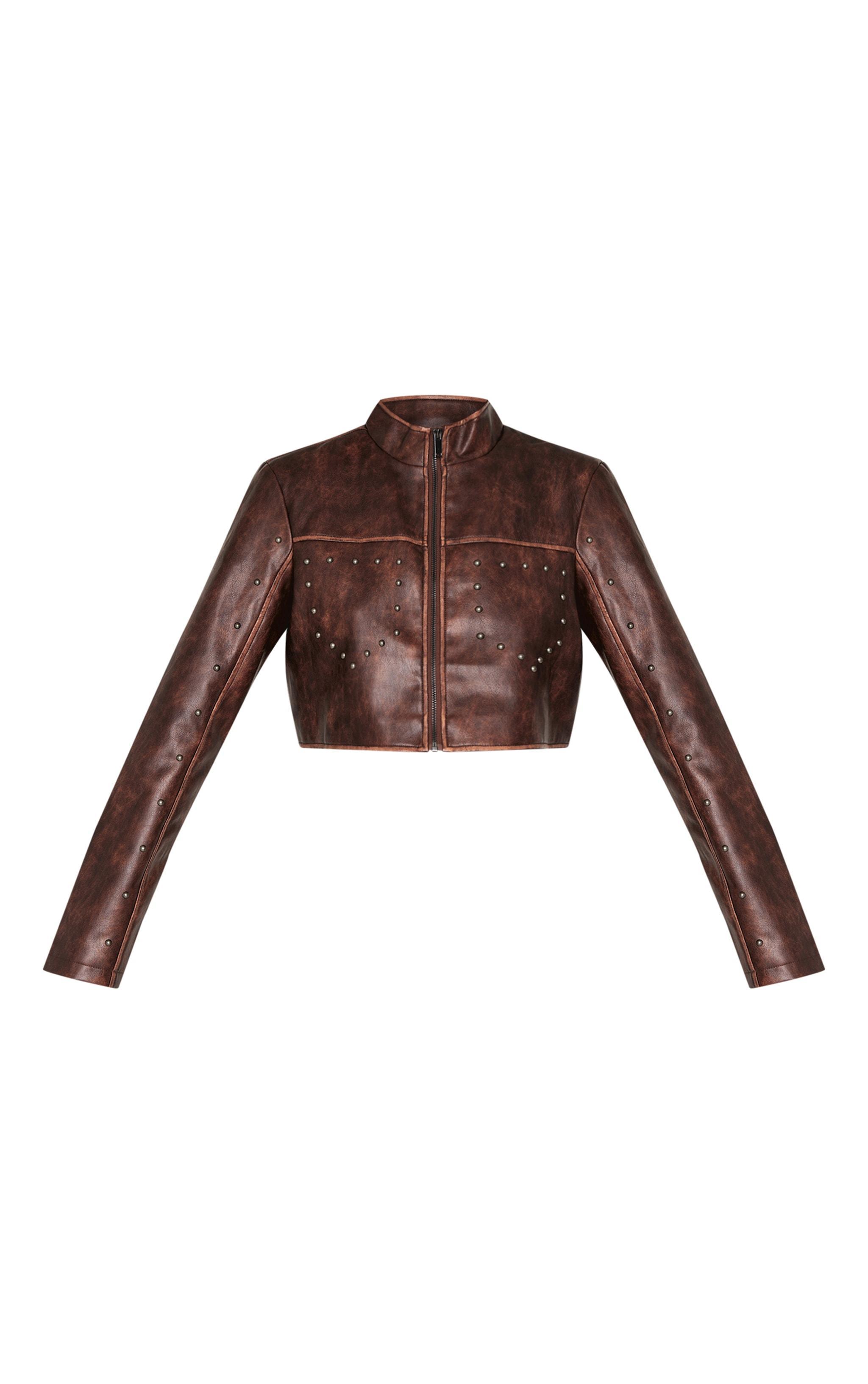 Brown Faux Leather Studded Cropped Jacket Product Image