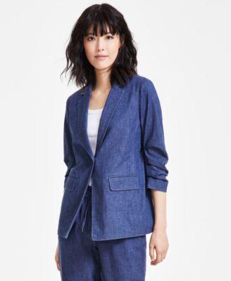 Anne Klein Womens Denim Ruched-Sleeve Blazer product image